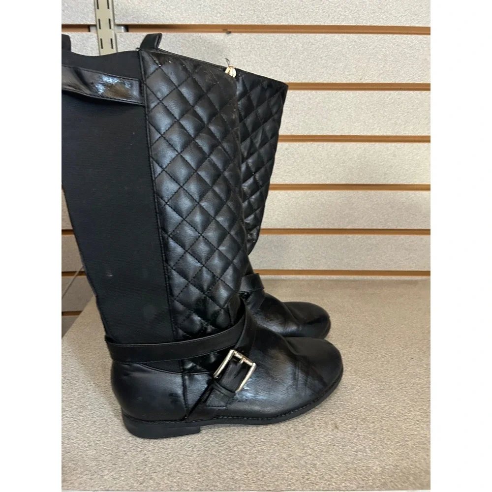 Michael Kors Girls Black Quilted Shayla Riding Boots Size 3 Gold Buckle Logo